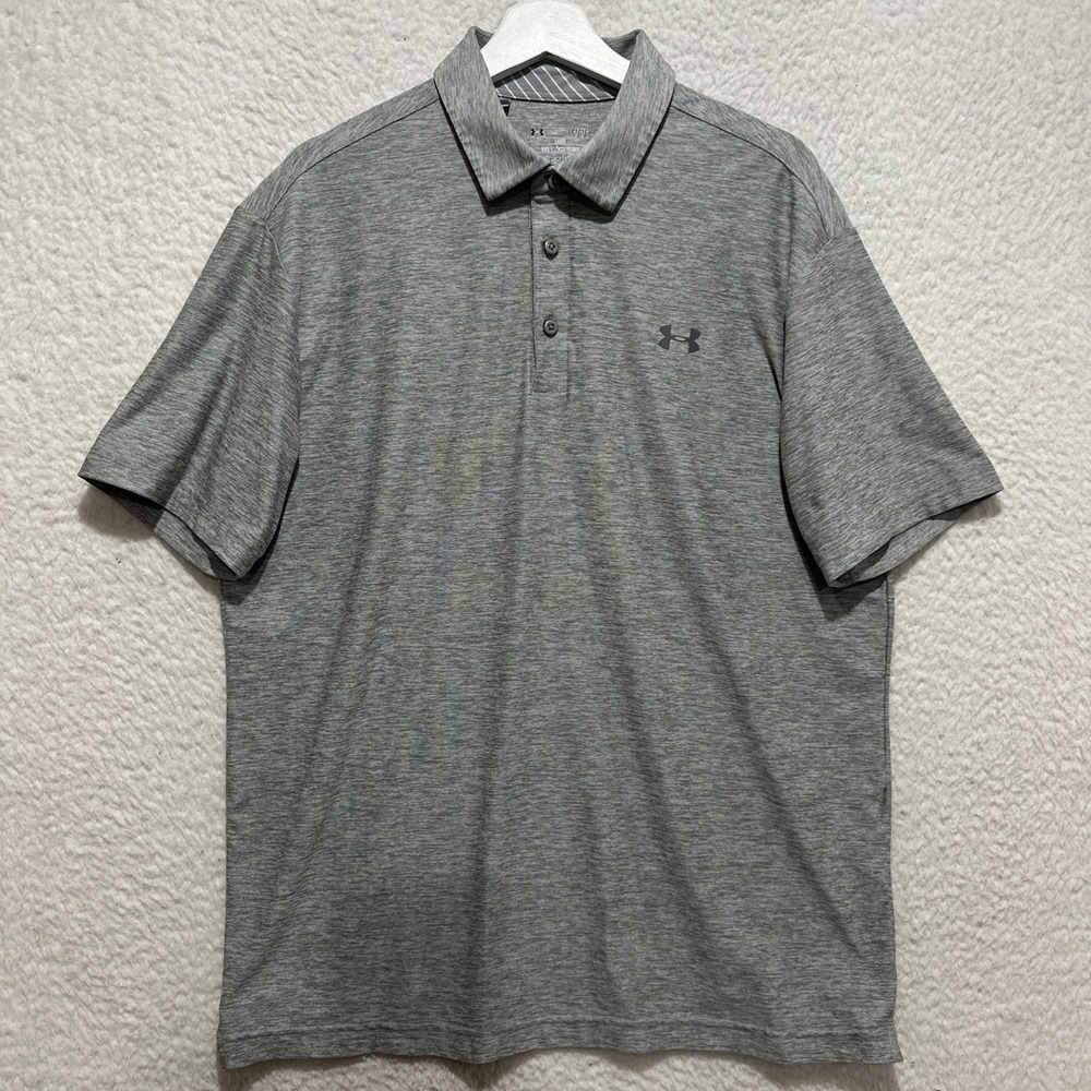 Under Armour Men's Polo Shirt Size L Heat Gear Heather‎ Gray Loose Fit Logo